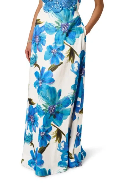 Adrianna Papell Strapless 3d Floral Beaded Dupioni Gown In Ivory Blue Multi