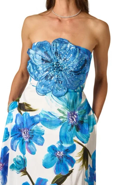 Adrianna Papell Strapless 3d Floral Beaded Dupioni Gown In Ivory Blue Multi