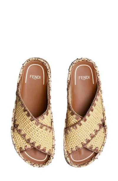Fendi Beige Raffia-effect Material Slides In Brown