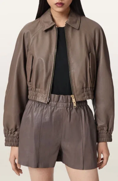 Allsaints Anouk Leather Crop Bomber Jacket In Brown