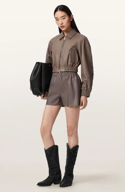 Allsaints Anouk Leather Crop Bomber Jacket In Brown