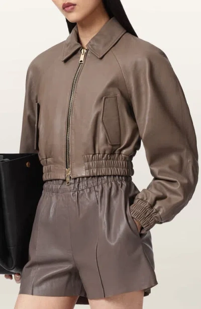 Allsaints Anouk Leather Crop Bomber Jacket In Brown