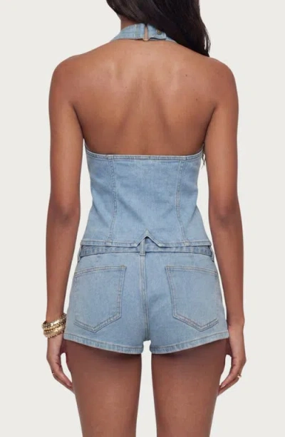 Edikted Ciel Split Front Denim Halter Top In Blue