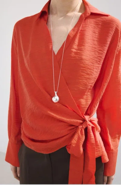 Mango Oversized Shirt With Tie Waist In Red