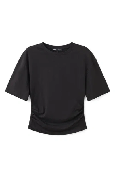 Mango Ruched Side Cotton T-shirt In Black