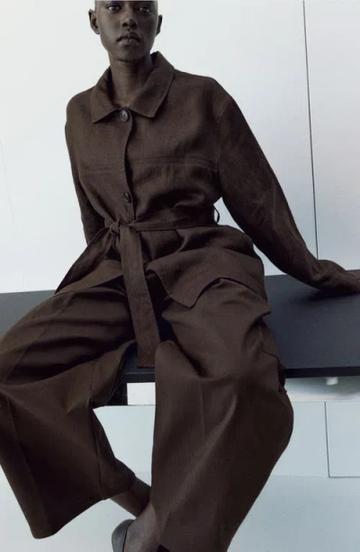 Mango Belted Linen Jacket In Brown