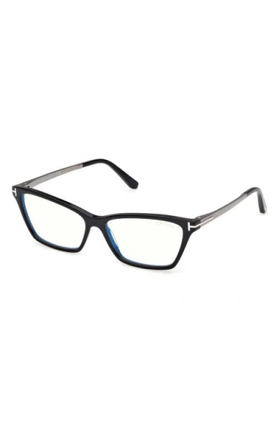 Tom Ford 56mm Blue Block Rectangular Eyeglasses In Black