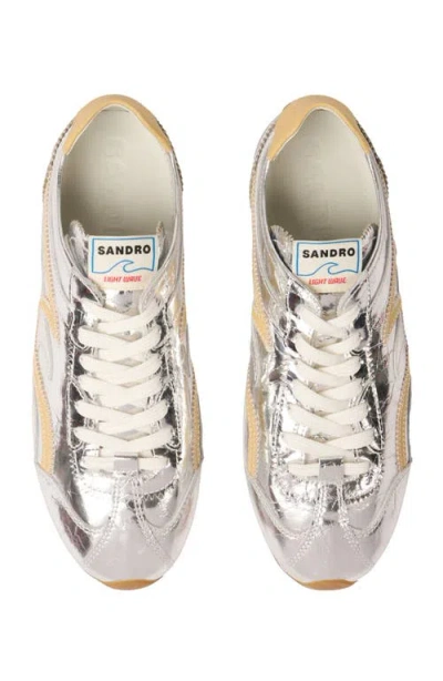 Sandro Lightwave Metallic Leather Trainers In Silver