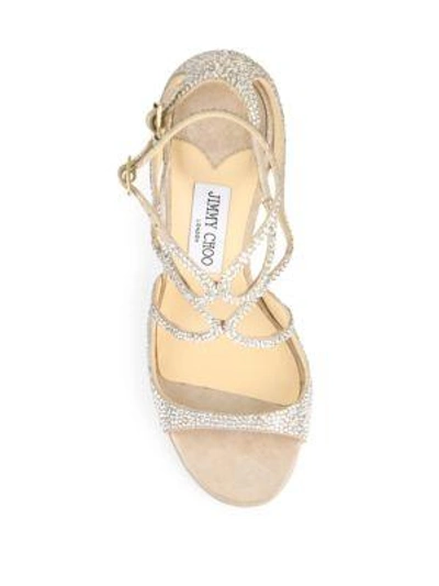 Shop Jimmy Choo Lang Memento 100 Strappy Crystal & Suede Sandals In Natural