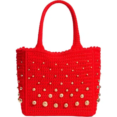 Sandro Eulalia Studded Crochet Mesh Tote Bag In Red
