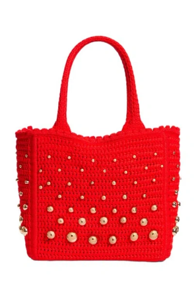 Sandro Eulalia Studded Crochet Mesh Tote Bag In Red