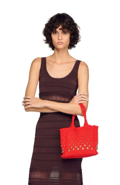 Sandro Eulalia Studded Crochet Mesh Tote Bag In Red