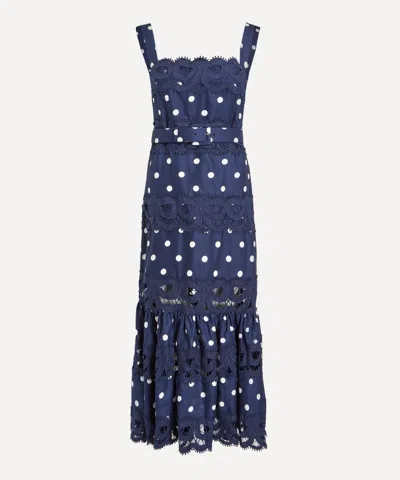 Self-portrait Women's Navy Polka Dot Linen Midi Dress In Blue