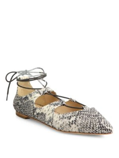 Shop Loeffler Randall Ambra Point Toe Snake-print Leather Lace-up Flats In Black-white