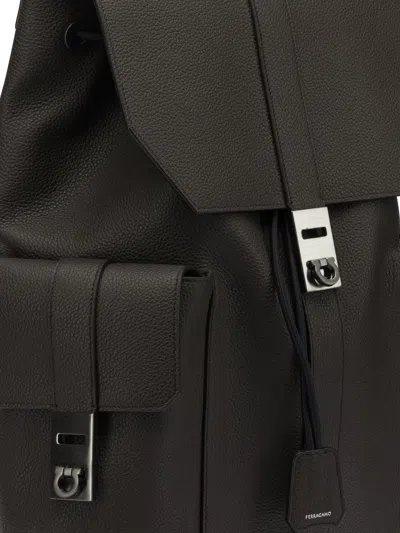Ferragamo Leather Backpack Double Front Pockets In Brown