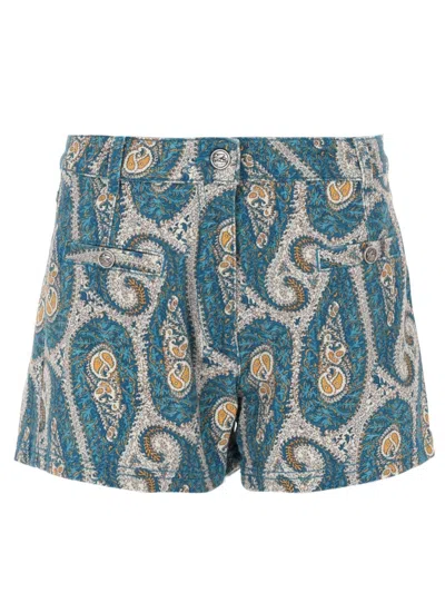 Etro Paisley Denim Shorts Belt Loops Pockets In Blue