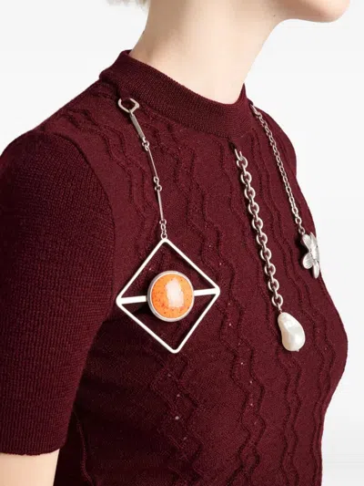 Prada Short-sleeved Wool Sweater With Pendants In Burgundy