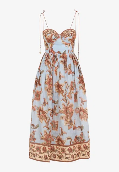 Zimmermann Womens Blue Jacobean Aster Corseted Printed Cotton Midi Dress In Multi