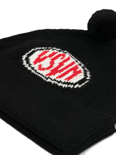 Visvim Logo-intarsia Pompom Beanie Hat In Black