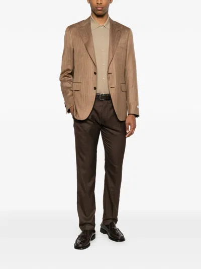 Canali Herringbone-pattern Notch-lapels Blazer In Brown
