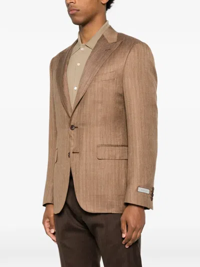 Canali Herringbone-pattern Notch-lapels Blazer In Brown