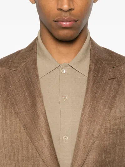 Canali Herringbone-pattern Notch-lapels Blazer In Brown