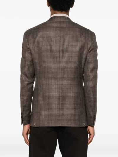 Canali Check-pattern Single-breasted Blazer In Brown