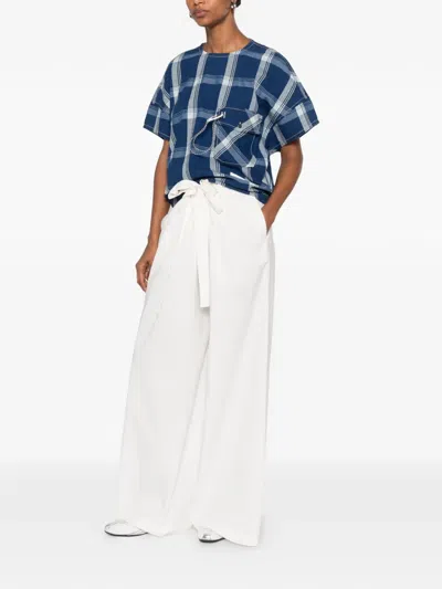 And Wander Check-print Back-button Blouse In Blue