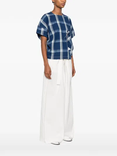 And Wander Check-print Back-button Blouse In Blue