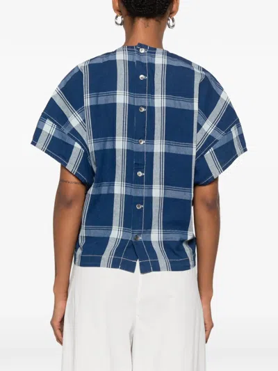 And Wander Check-print Back-button Blouse In Blue