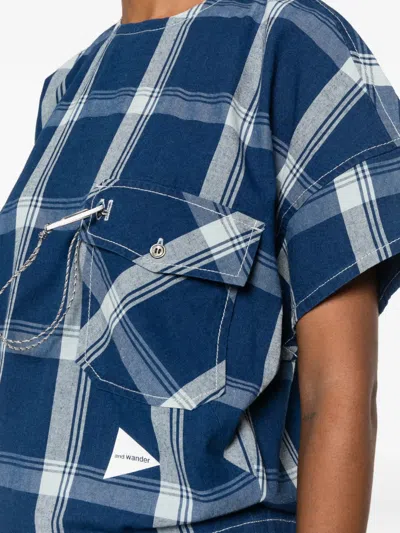 And Wander Check-print Back-button Blouse In Blue