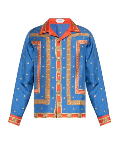 Versace Regular Printed Silk Twill Shirt In Blue