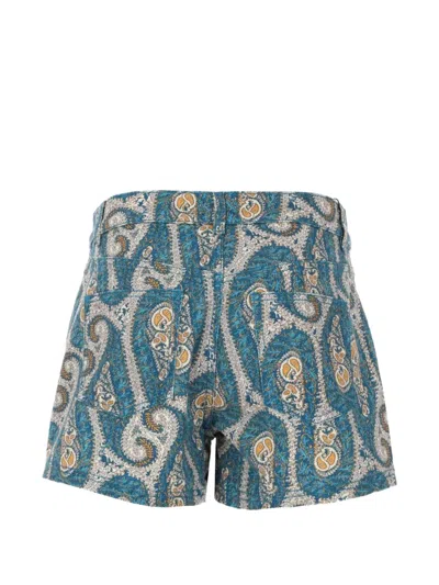 Etro Paisley Denim Shorts Belt Loops Pockets In Blue