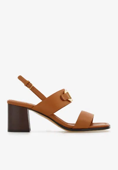 Ferragamo Gancini Logo Calfskin Slingback Sandals With A Block Heel In Brown