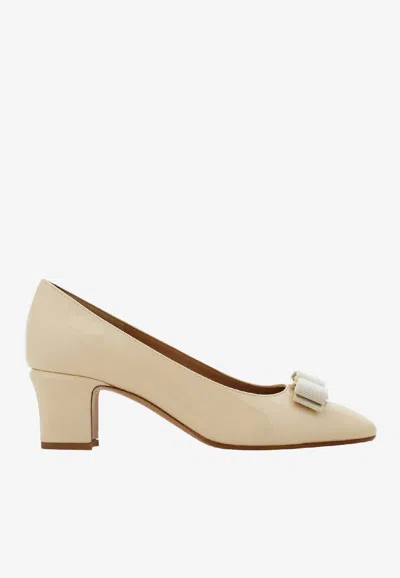 Ferragamo 50mm Vara Bow Block Heel Pumps In Neutral