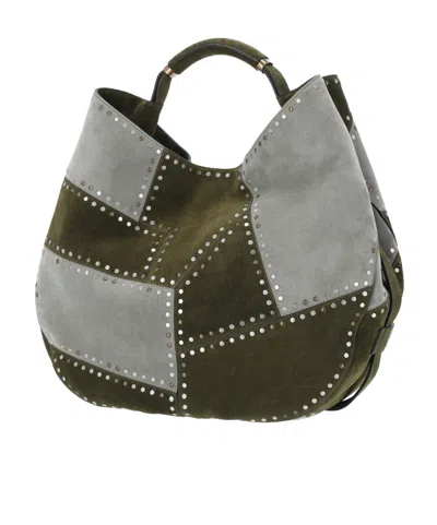 Moschino Green Patchwork Studded Leather Handbag In Green