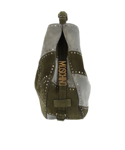 Moschino Green Patchwork Studded Leather Handbag In Green