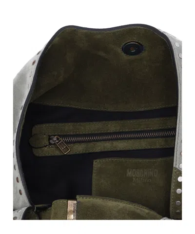 Moschino Green Patchwork Studded Leather Handbag In Green