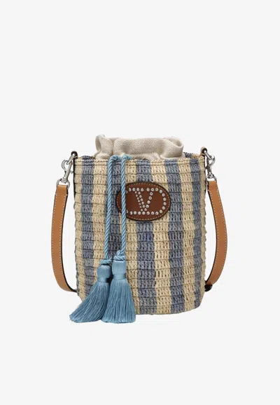 Valentino Garavani Small Bucket Bag In Raffia With Beige And Light Blue Stripes In Multi