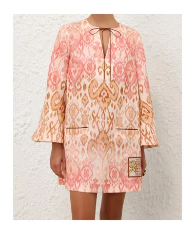 Zimmermann Aster Print Long Sleeve Linen Shift Dress In Multi