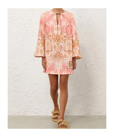 Zimmermann Aster Print Long Sleeve Linen Shift Dress In Multi
