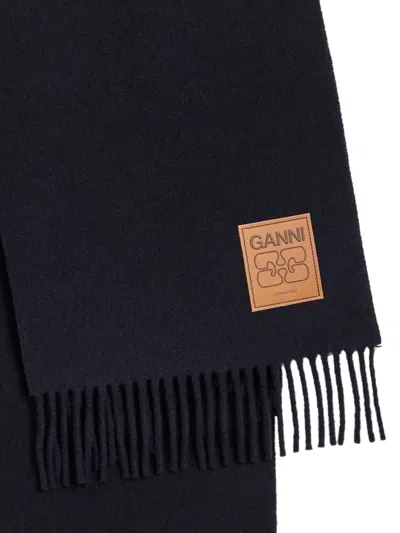 Ganni Logo-patch Fringed Scarf In Blue