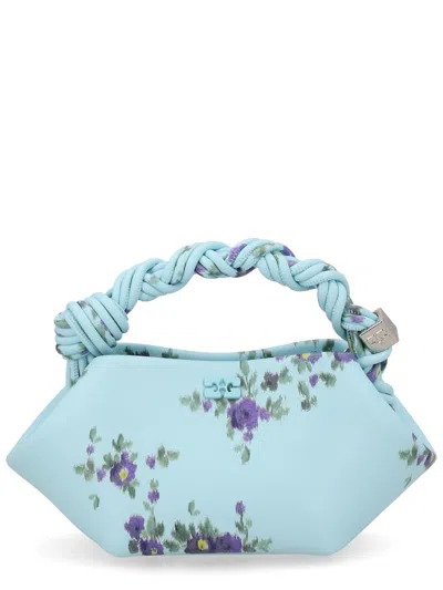 Ganni Mini Bag Structured Shape Floral Pattern Handle In Blue