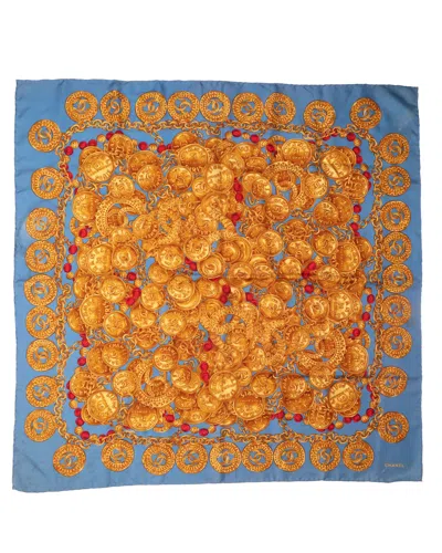 Chanel 90 Coco Mark Classic Silk Blue And Gold Scarf In Multi