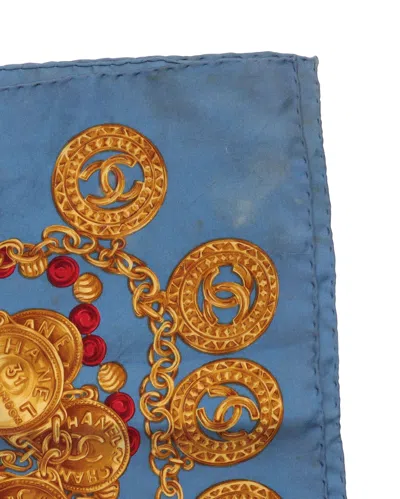 Chanel 90 Coco Mark Classic Silk Blue And Gold Scarf In Multi