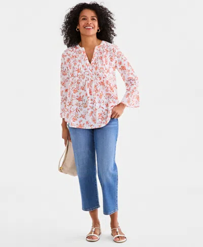 Style & Co Style Co Womens Printed Pintuck Ruffle Sleeve Top Macys Exclusive In White