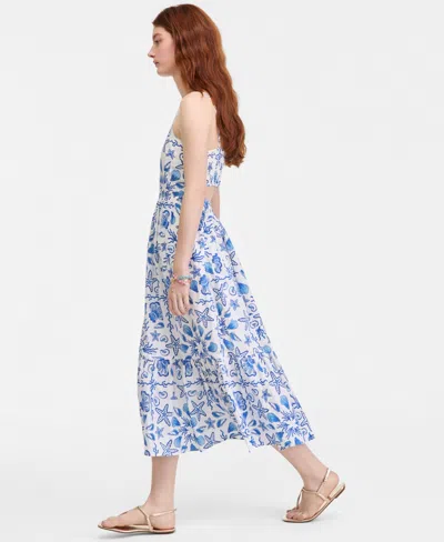 On 34th Womens Cotton Poplin Back Cutout Tiered Midi Dress Macys Exclusive In Blue