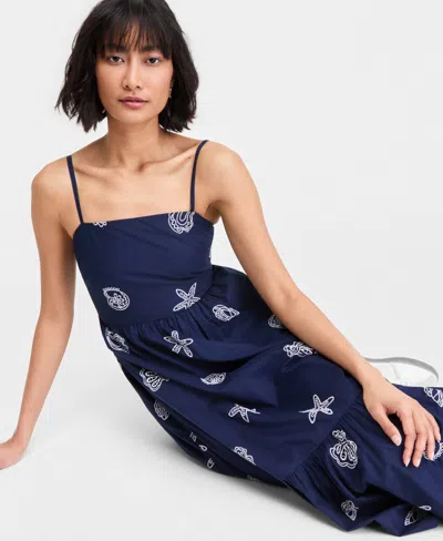 On 34th Womens Cotton Back Cutout Tiered Midi Dress Macys Exclusive In Blue