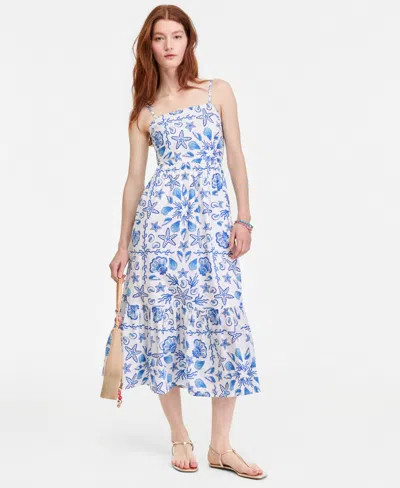 On 34th Womens Cotton Poplin Back Cutout Tiered Midi Dress Macys Exclusive In Blue