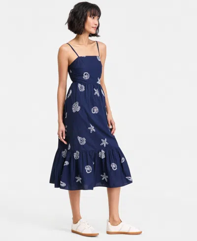 On 34th Womens Cotton Back Cutout Tiered Midi Dress Macys Exclusive In Blue